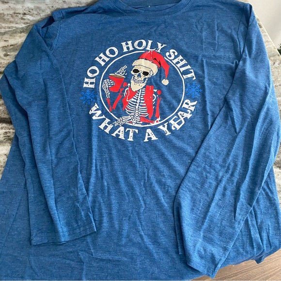 Ho Ho Holy Sh** What A Year Skeleton Santa Hat Long Sleeve Tee - Picture 3 of 4